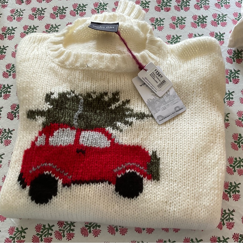 NWT Wooden Ships Cream Knit Sweater with Christmas theme